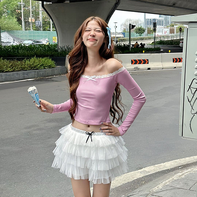 Off-shoulder Lace Edge Long-sleeved Top Ins Pure Desire Style Fashion Short Bow T-shirt For Women