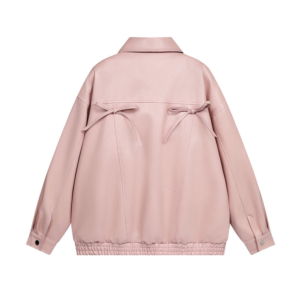 Bow Tie Loose Motorcycle Clothing Leather Coat