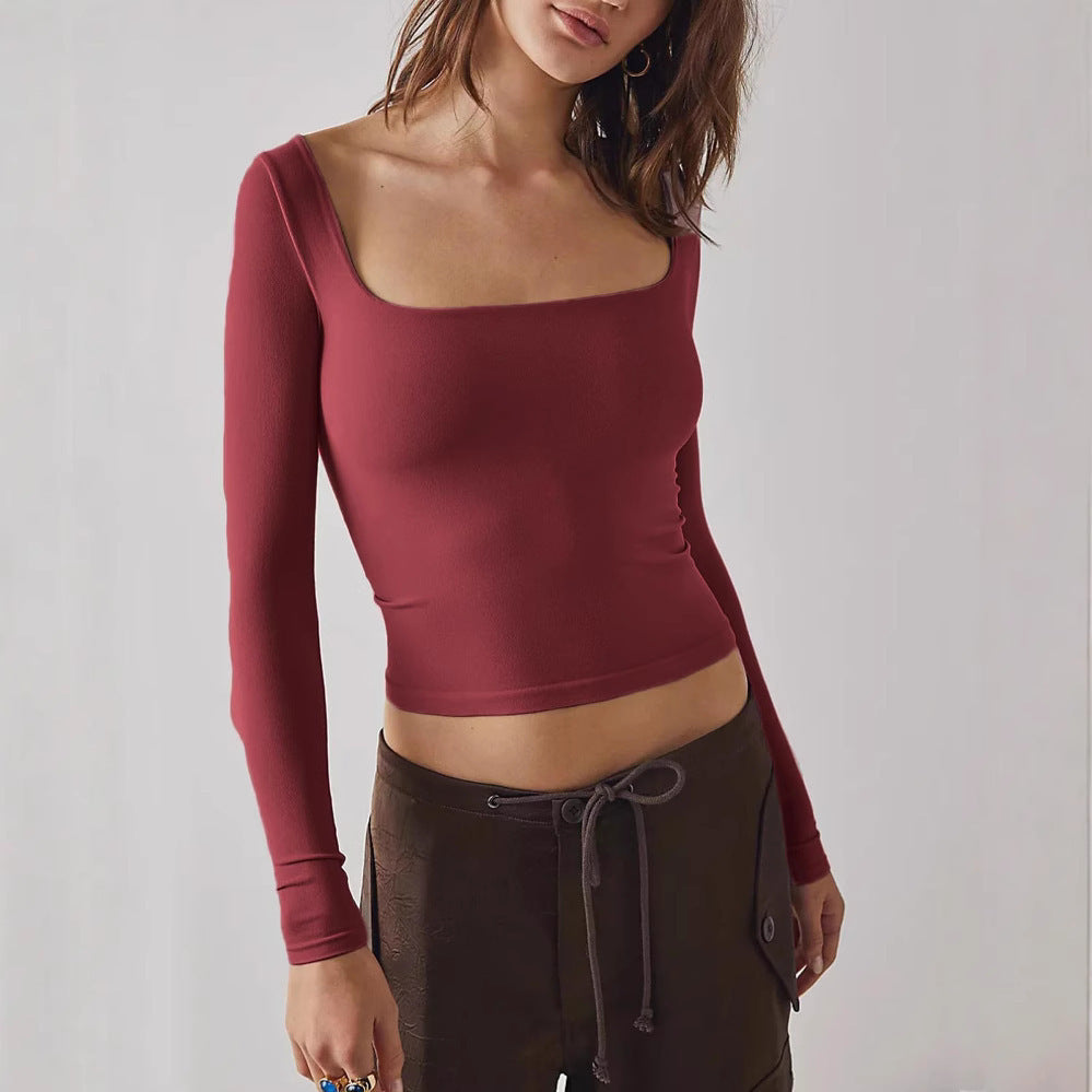 Women's Clothes Long Sleeve T-shirt Solid Color Bare Midriff Short Square Collar Top