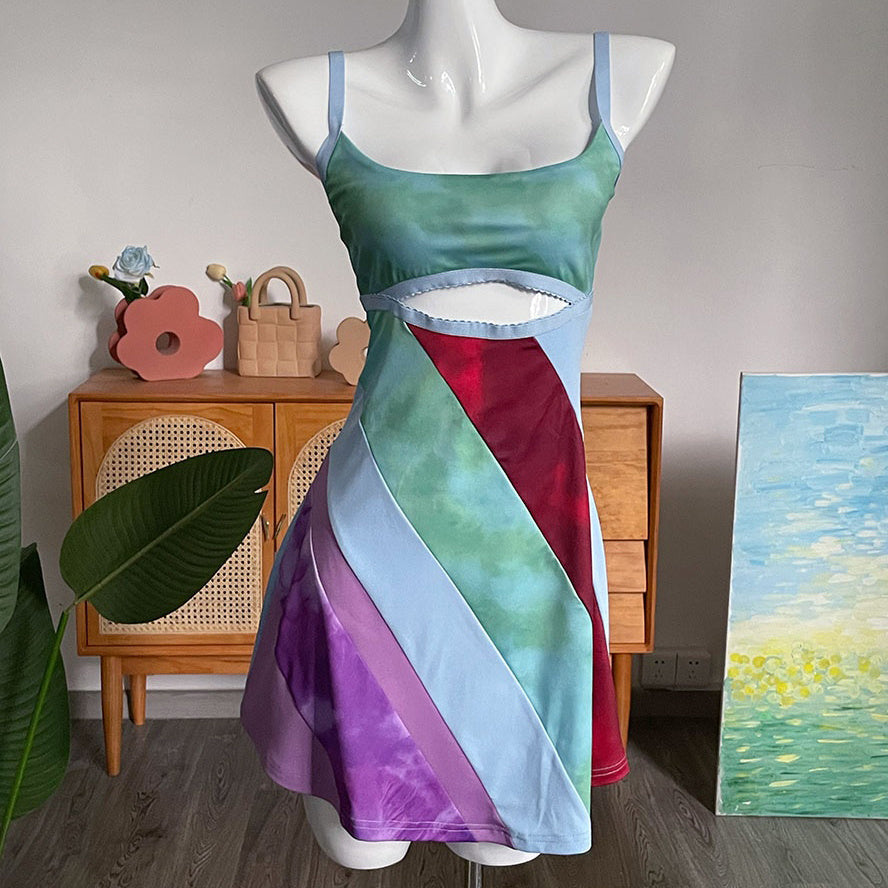 Sexy Y2K Aesthetic Patchwork Front Cut Out Stripe Spaghetti Strap Dress