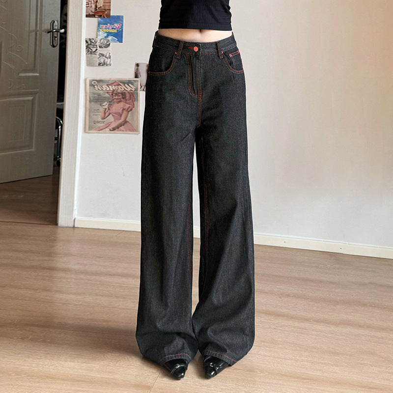 Women's Retro Contrast Embroidered Original Wide-leg Jeans