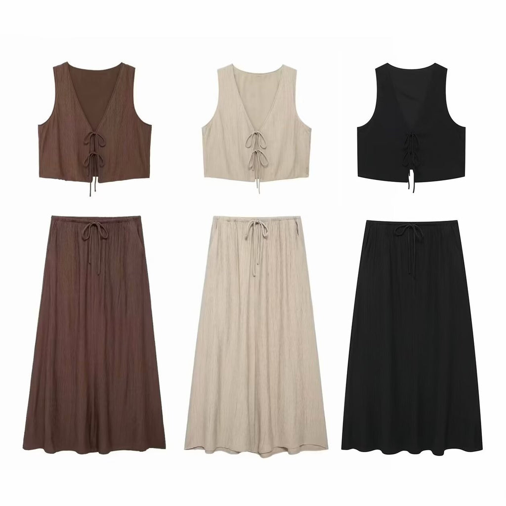 Women's Bow Texture Vest Blouse And Pants