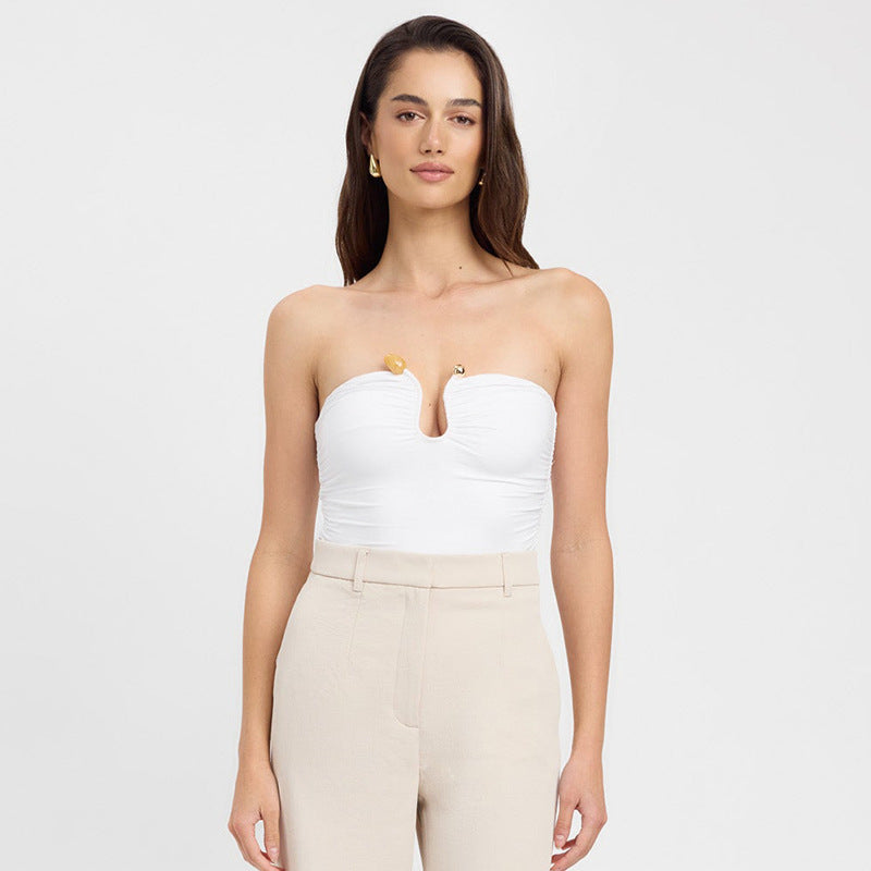 Solid Color Chest-wrapped Backless Pleated Agate Top