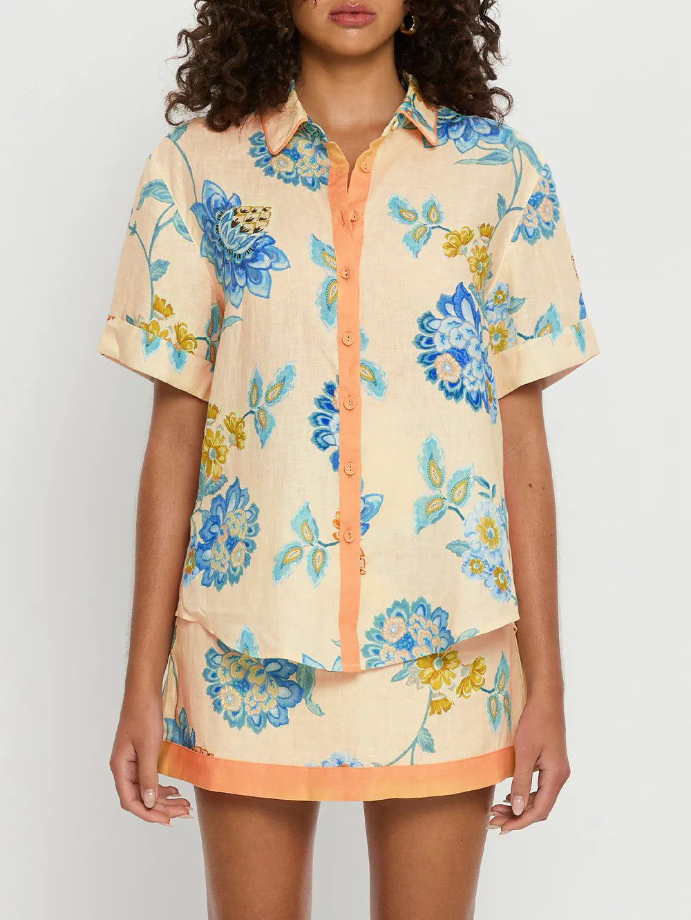 Short Sleeve Shirt Printed Skirt Set