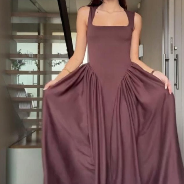 Women's Square Collar Sexy Sleeveless Pleated Temperament Slim Dress