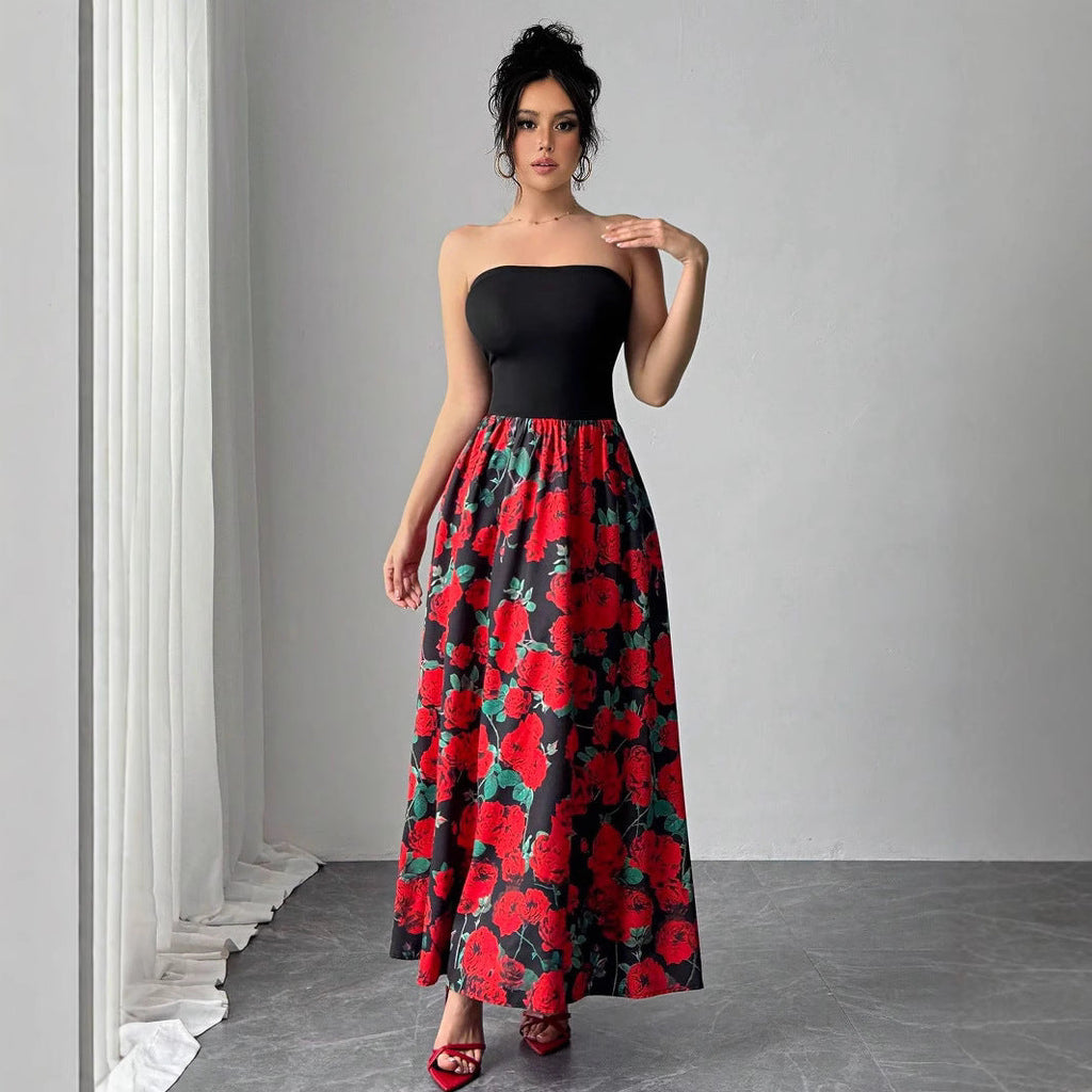 Elegant Women's Rose Print Short Stitching Bandeau Sexy Long Dress