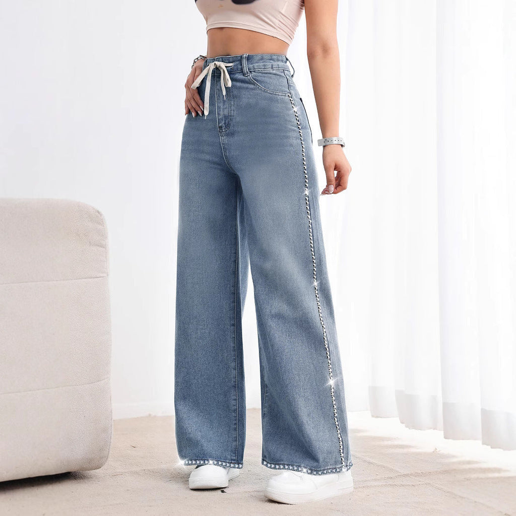 Retro Wide Leg Washed Beaded Drawstring High Waist Jeans