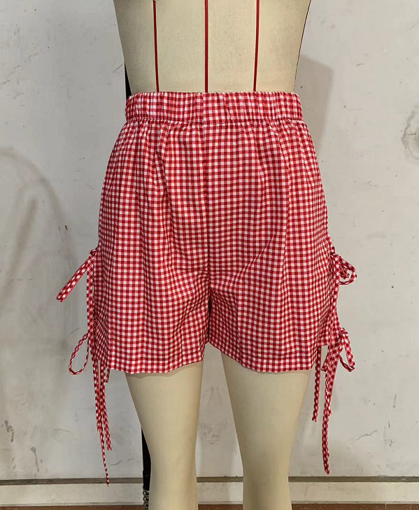 Loose Plaid Print Shorts With Lace-up Design Summer Fashion Y2K Elastic Band Pants For Women