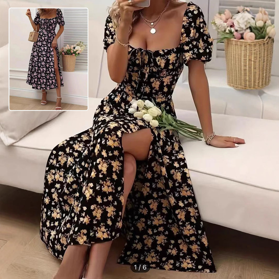 Floral Print Short Sleeve Split Dress