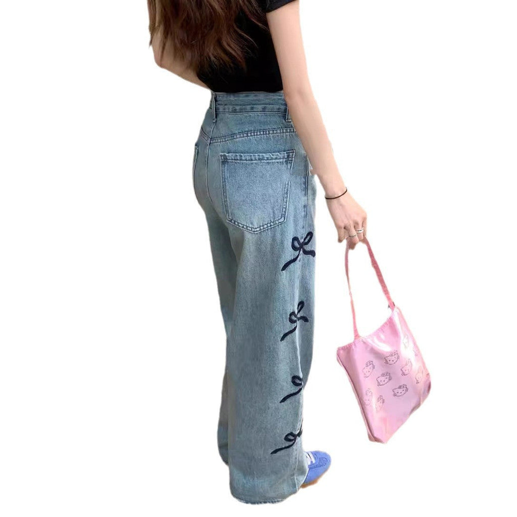 Women Butterfly Embroidered Jeans Wide-leg Pants