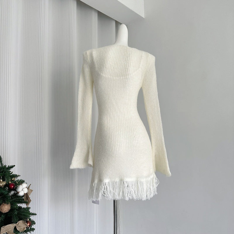 Women's Knitted Flower Bow Tie Dress