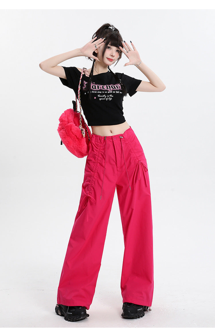 Straight Cargo Pants Women Bow Drawstring Wide Leg Track Pants