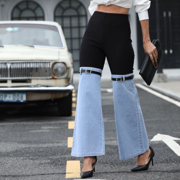 Fashion Slim Knit Denim Stitching Elastic Waist