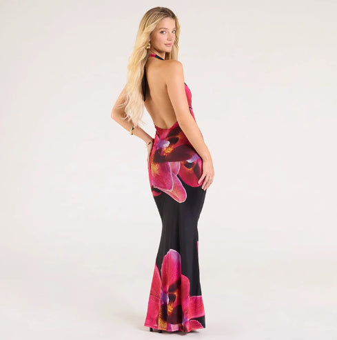 Slim Fit Floral Mesh Suspender Scarf Collar Backless Dress