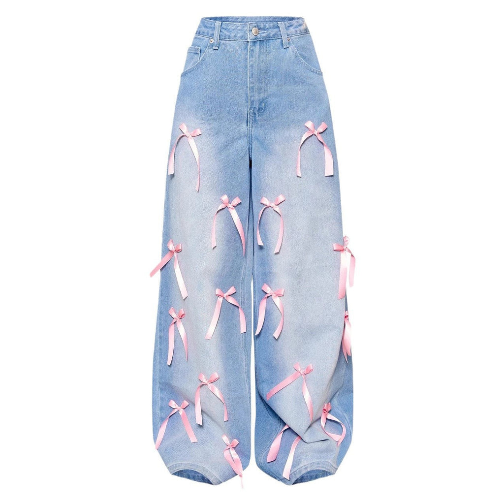 Pink Bow High Waist Wide Leg Jeans