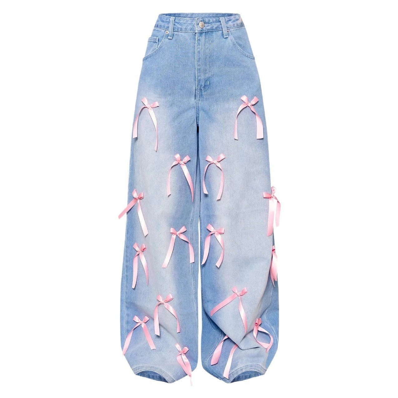 Pink Bow High Waist Wide Leg Jeans
