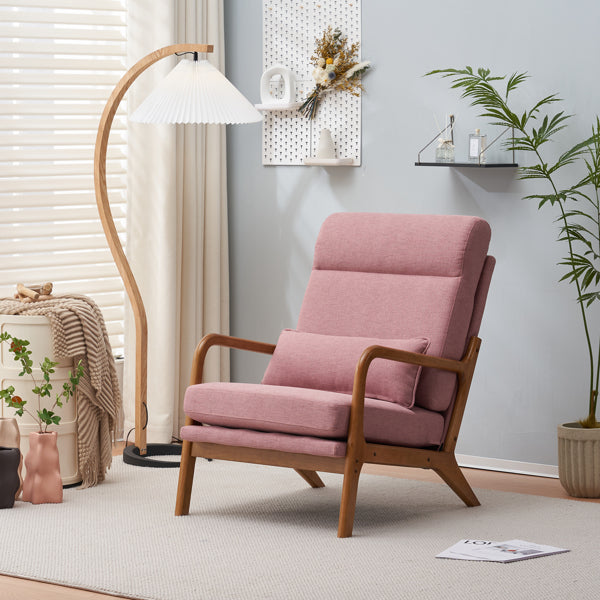 High Back Solid Wood Armrest Backrest Iron Frame Linen Indoor Leisure Chair Pink