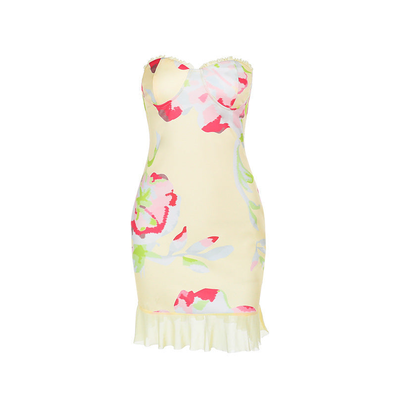 Casual Dress All-matching Printed Tube Top Package Hip Short Dress