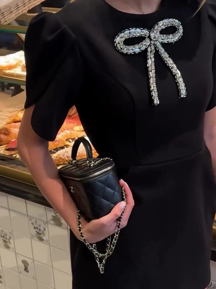 Elegant Rhinestone Bow Petal Sleeve Dress