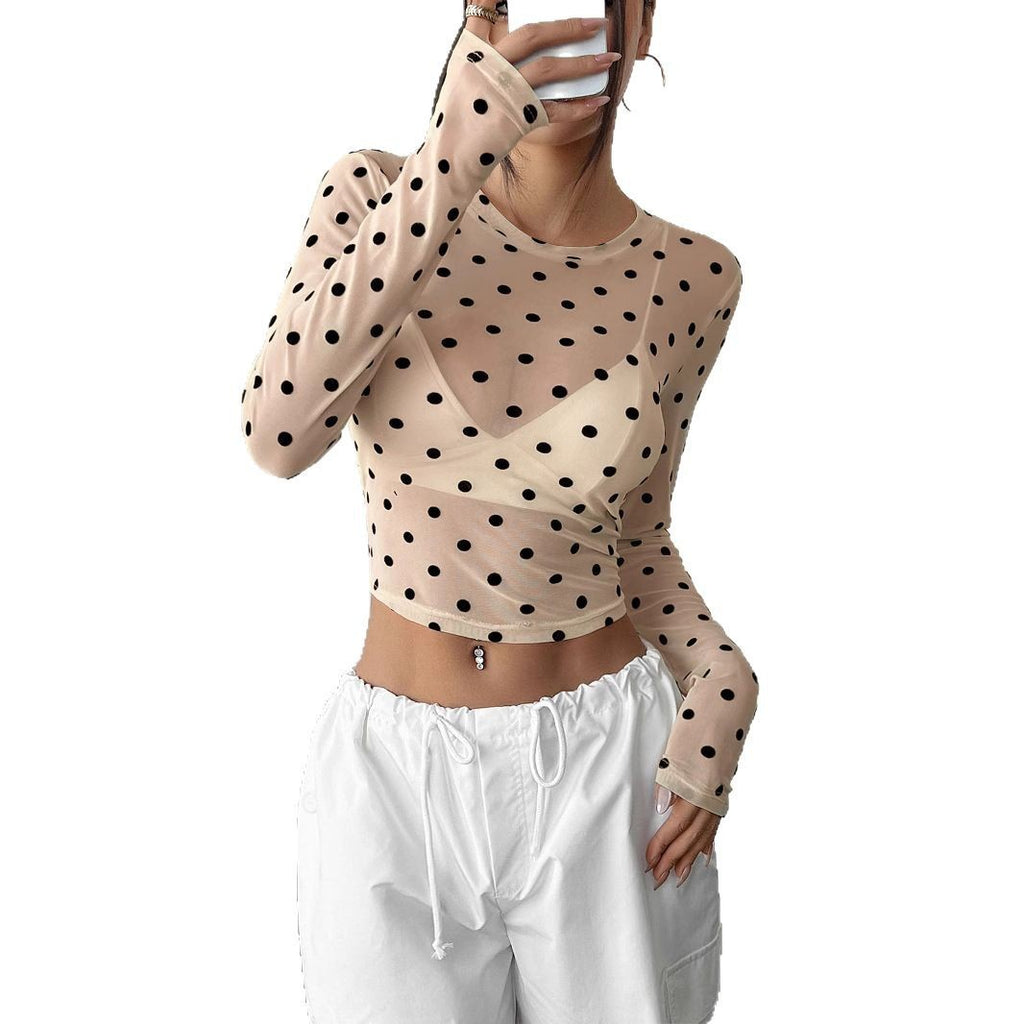 Design Sense See-through Dot Slim Mesh Round Neck Long Sleeve T-shirt