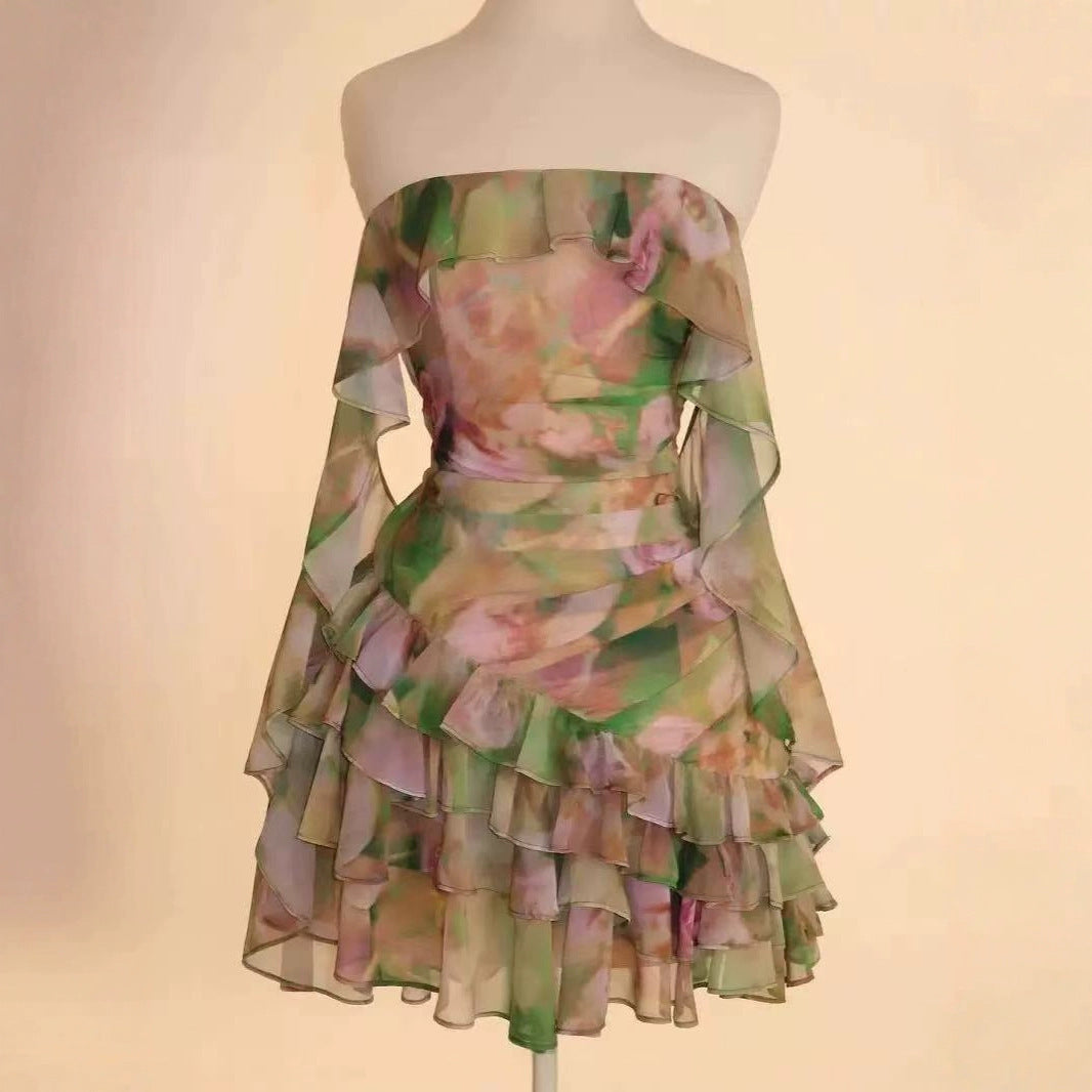 Chiffon Printed Ruffles Tube Dress