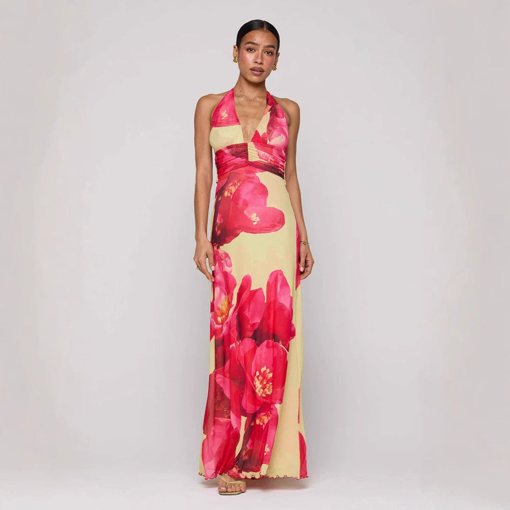 Women's Backless Slim Fit Printed Halter Dress