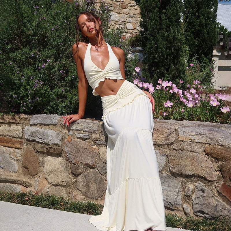 Women's Fashion V-neck Halter Vest High Waist Skirt