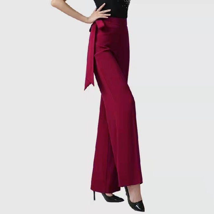 Ribbon Female Draping Effect Solid Color Straight-leg Pants