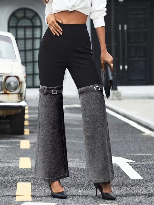 Fashion Slim Knit Denim Stitching Elastic Waist