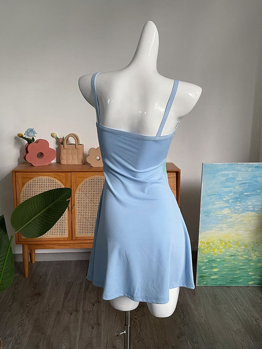 Sexy Y2K Aesthetic Patchwork Front Cut Out Stripe Spaghetti Strap Dress