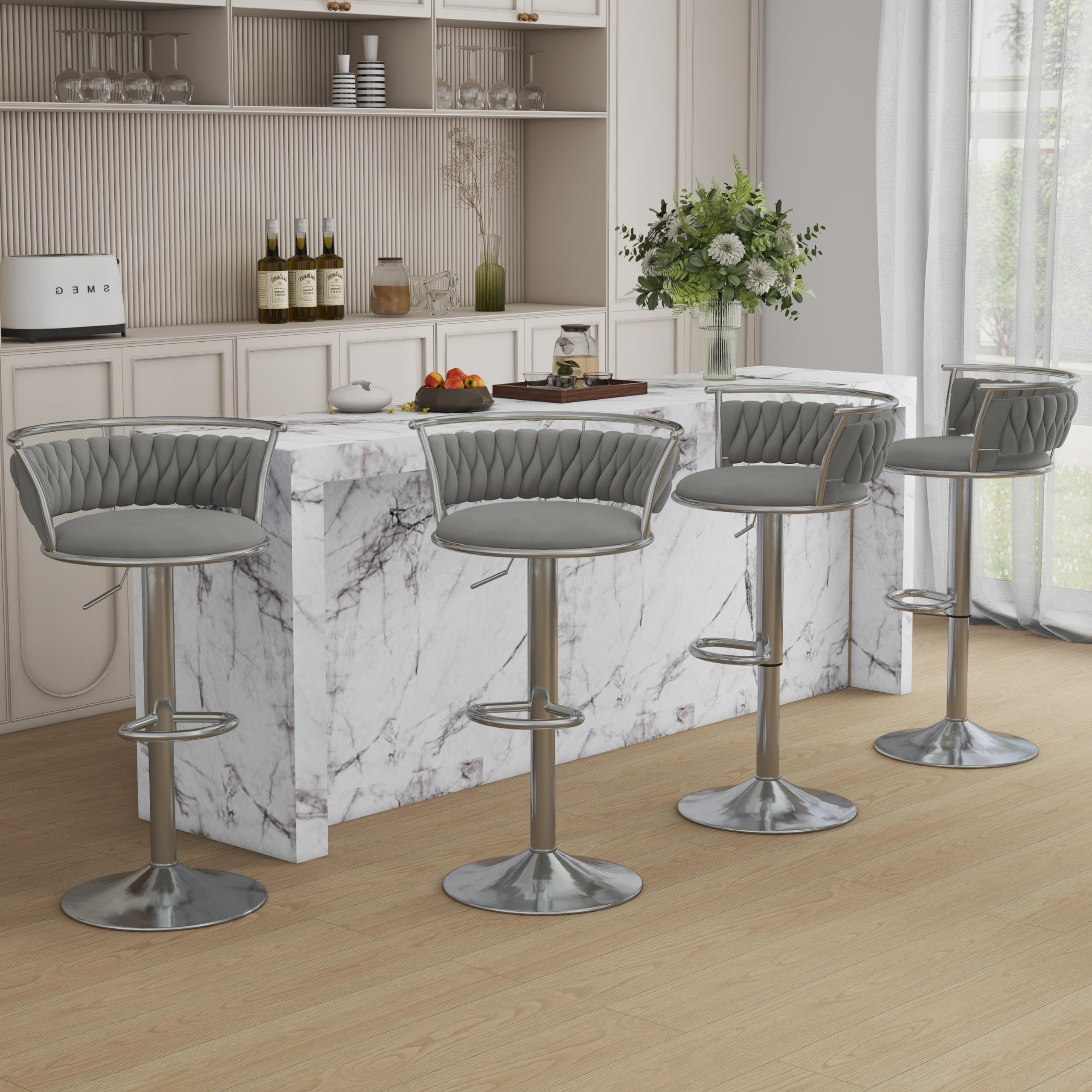 Velvet Swivel Bar Stools, Adjustable Counter Height Bar Chairs with Low Back & Footrest, Modern Gold Bar Stools for Kitchen Island, Bar Pub