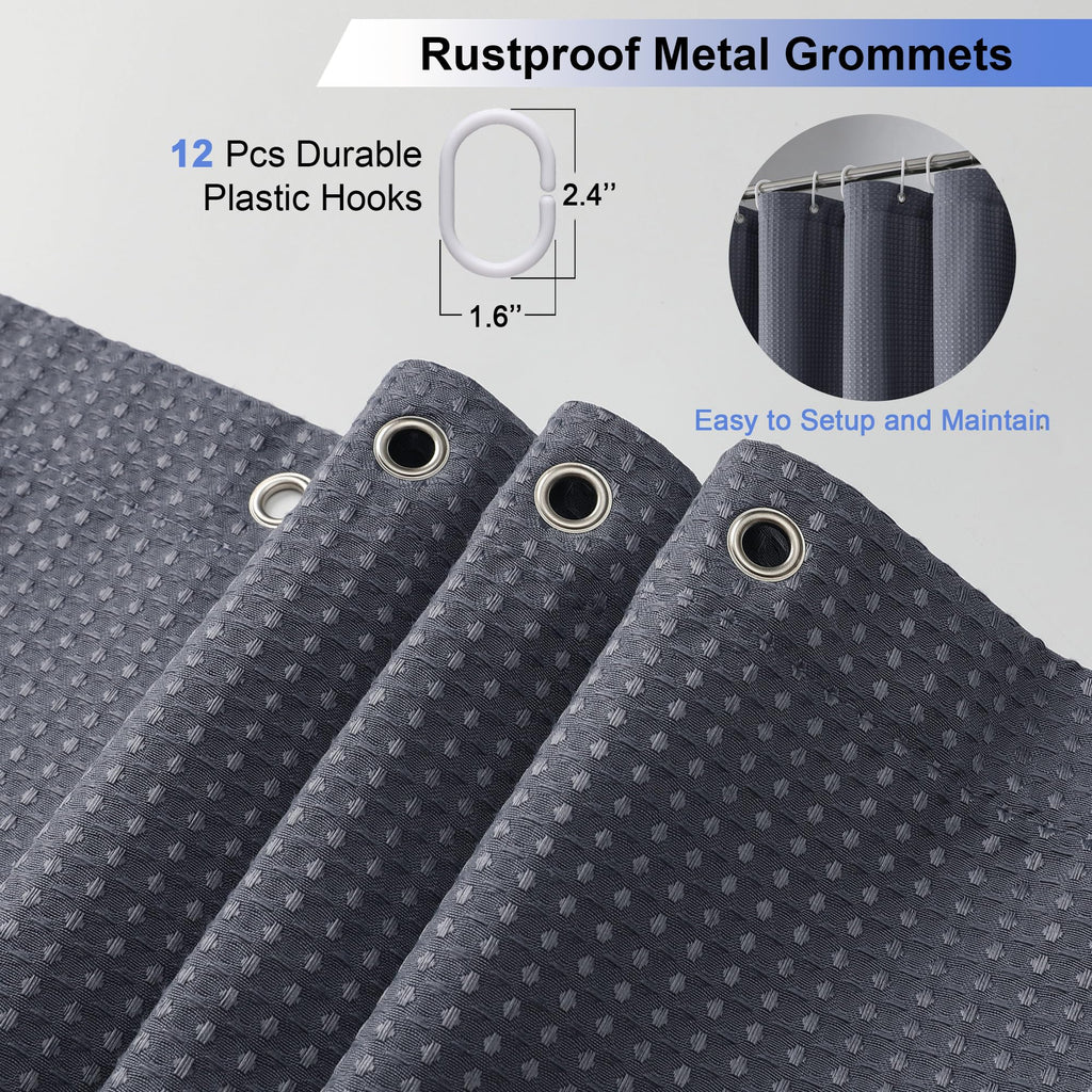 Waffle Textured Heavy Duty Fabric Shower Curtain for Bathroom, Luxury Hotel Weighted 230GSM Bath Curtain with 12 Plastic Hooks, Machine Washable, 72x72