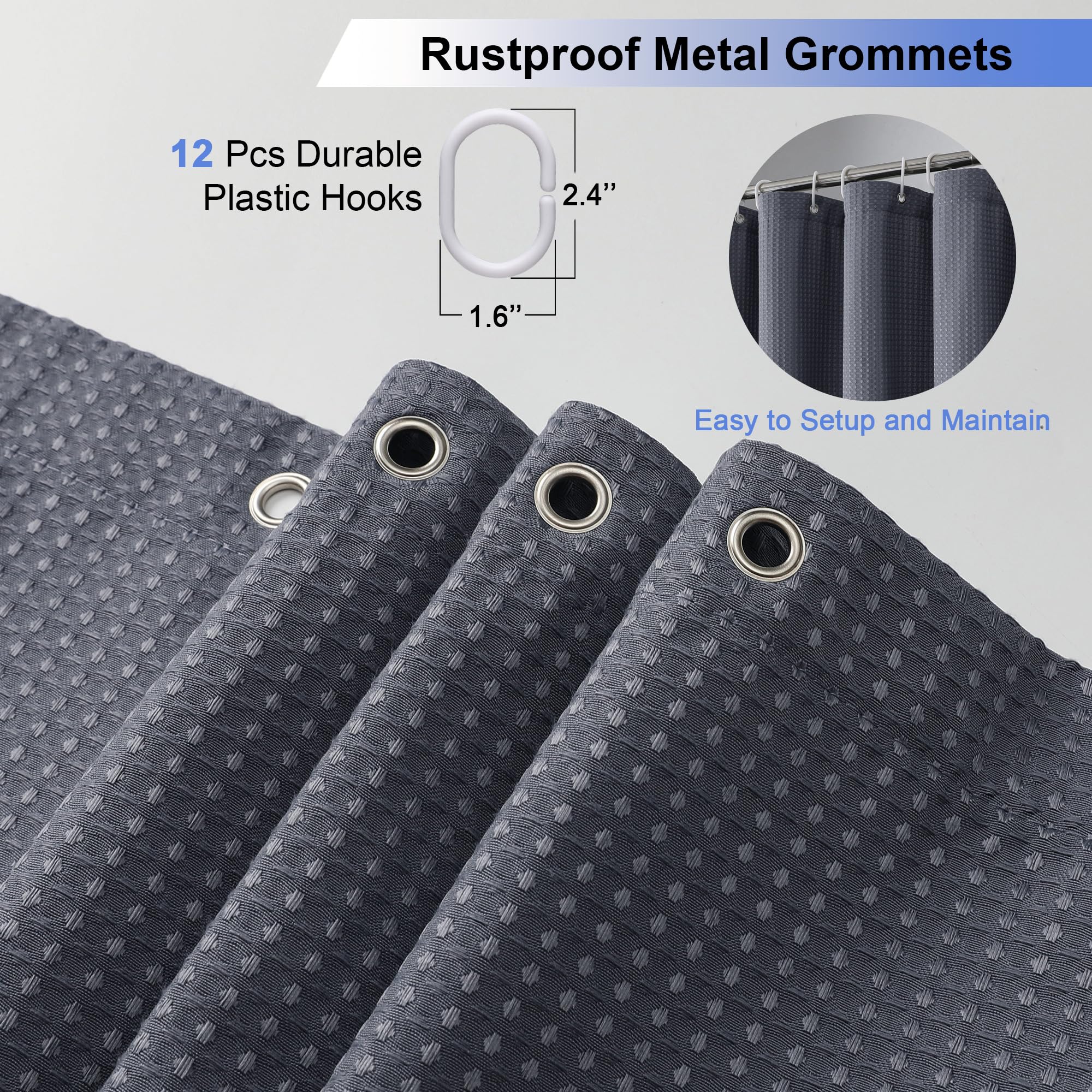 Waffle Textured Heavy Duty Fabric Shower Curtain for Bathroom, Luxury Hotel Weighted 230GSM Bath Curtain with 12 Plastic Hooks, Machine Washable, 72x72