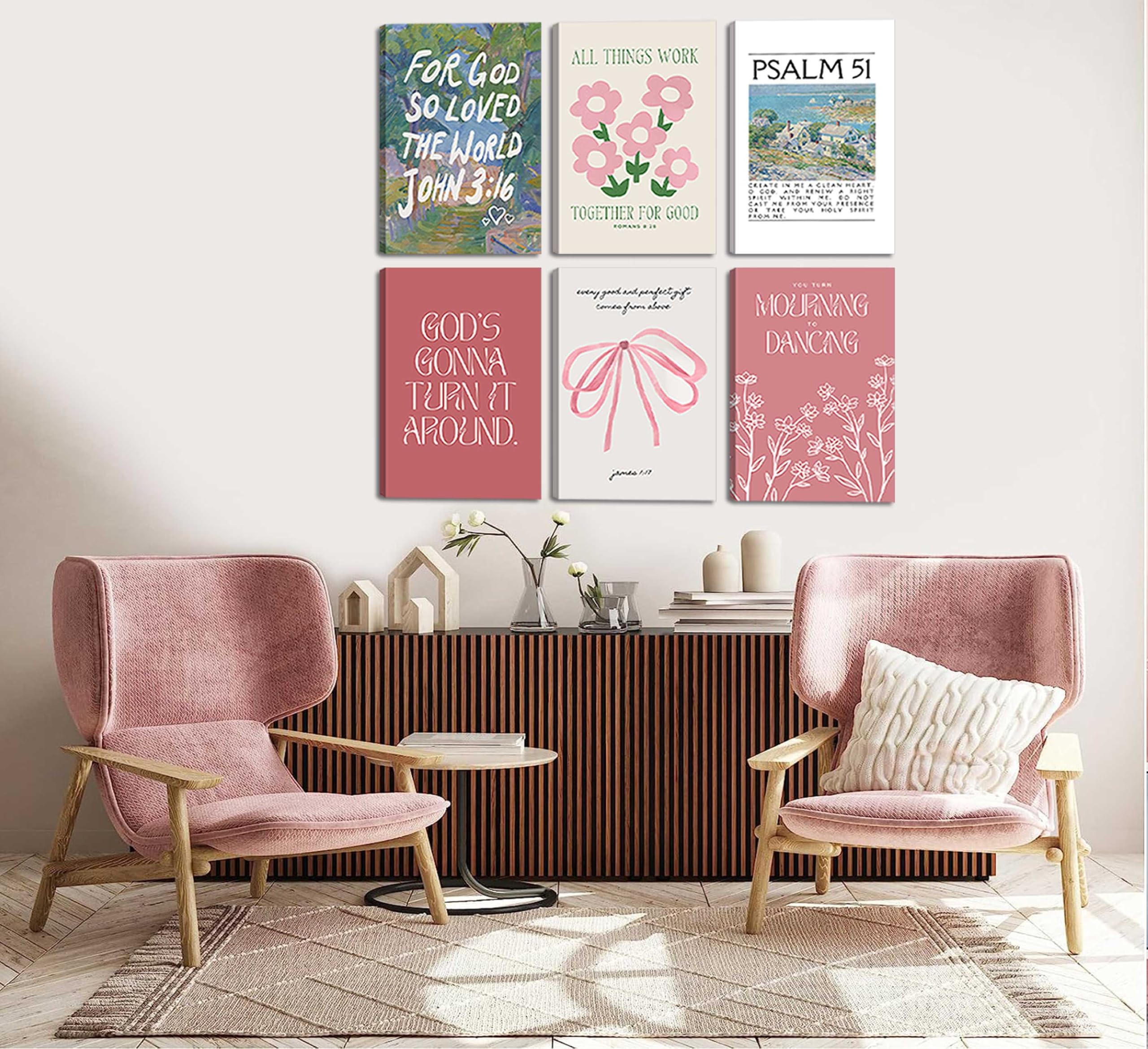 Wall Art Pink Bow Verse Canvas Paintings Decor 6Pcs