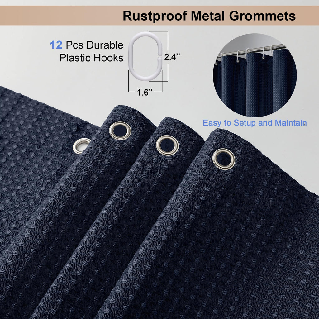 Waffle Textured Heavy Duty Fabric Shower Curtain for Bathroom, Luxury Hotel Weighted 230GSM Bath Curtain with 12 Plastic Hooks, Machine Washable, 72x72