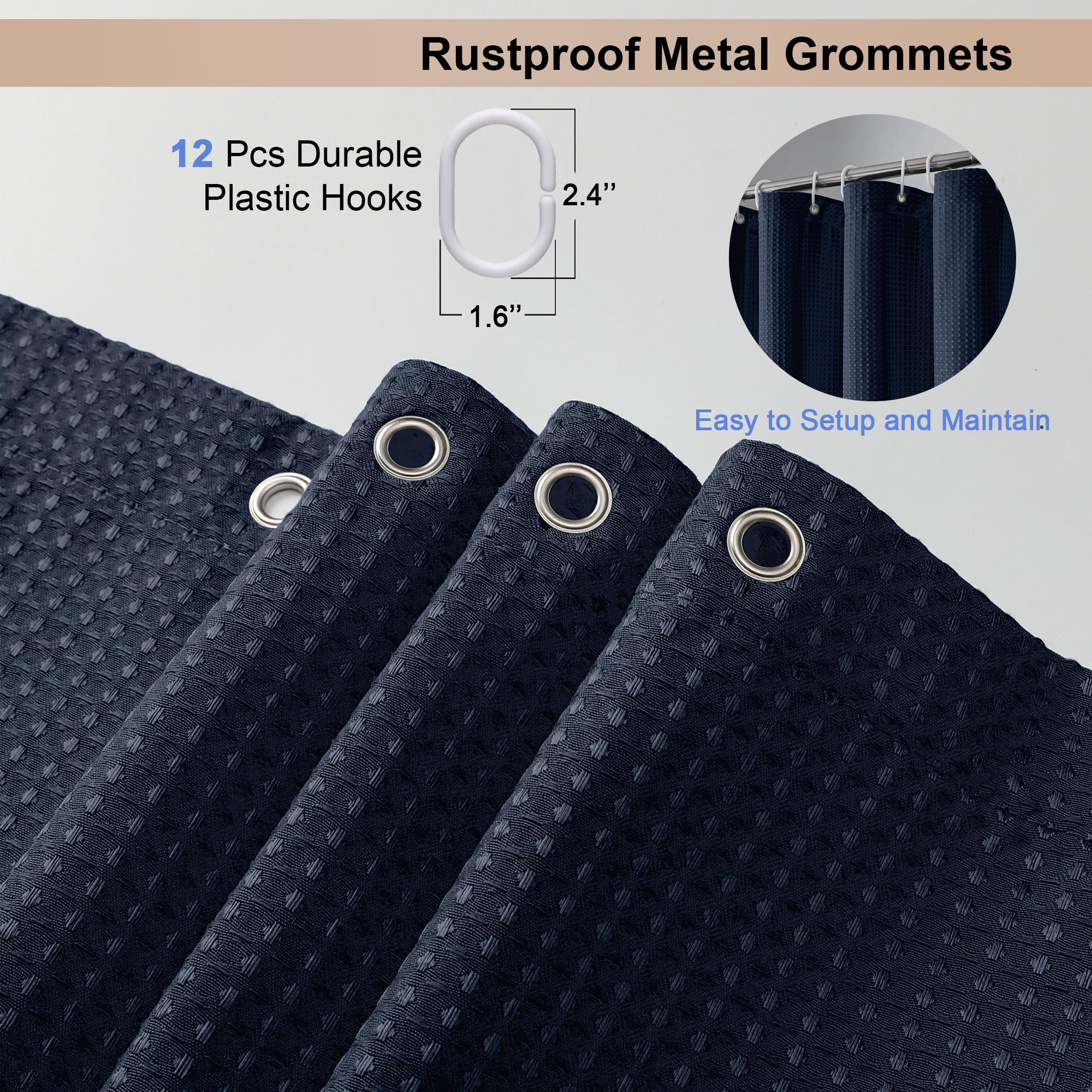 Waffle Textured Heavy Duty Fabric Shower Curtain for Bathroom, Luxury Hotel Weighted 230GSM Bath Curtain with 12 Plastic Hooks, Machine Washable, 72x72