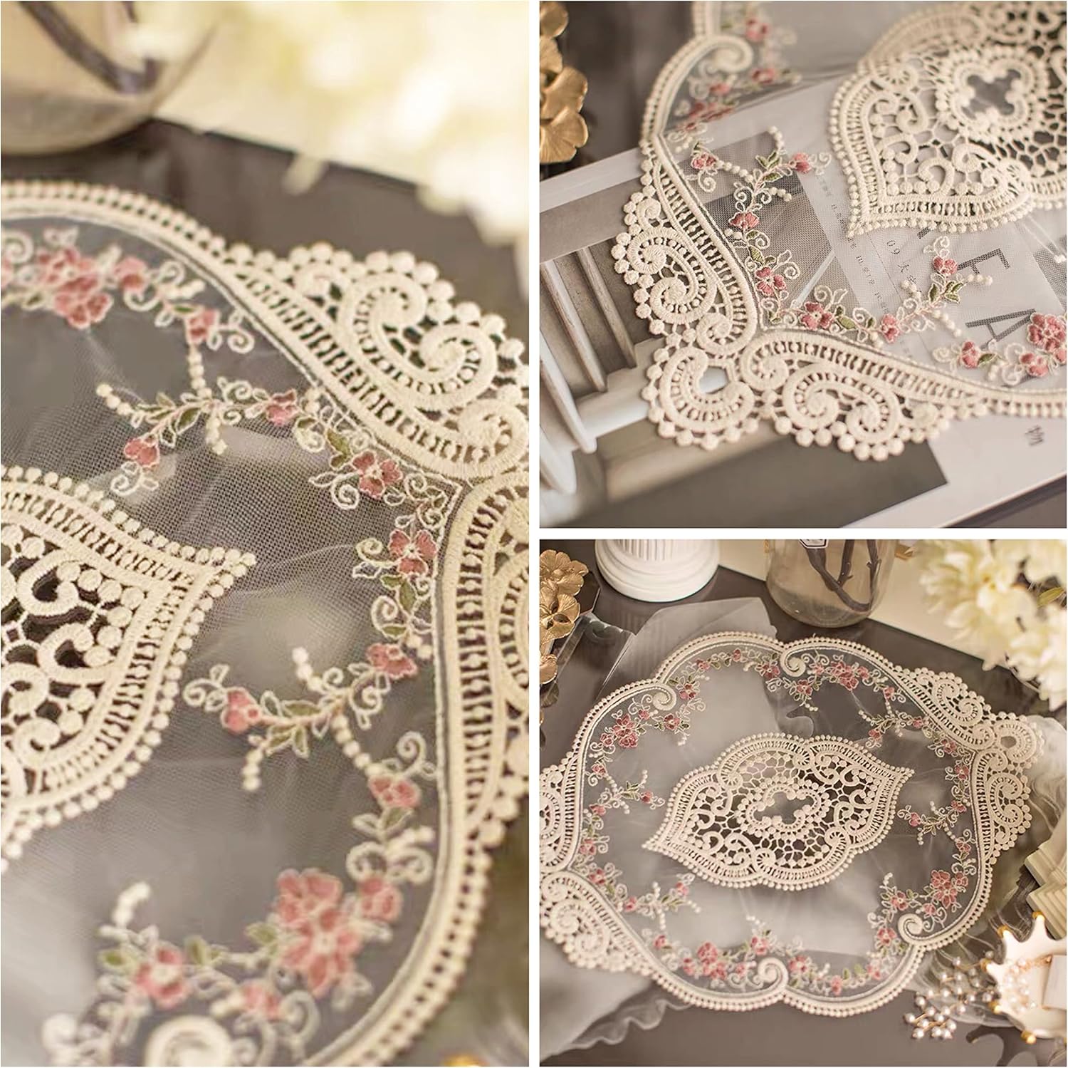 Vintage Beige Oval Lace Table Placemats, Exquisite Flower Embroidered Doilies Vase Mat, 12 X 18 Inch