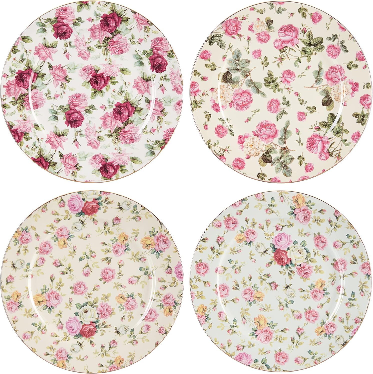 Rose Chintz Porcelain 8-Inch Dessert Plate Set of 4, Assorted Four Designs