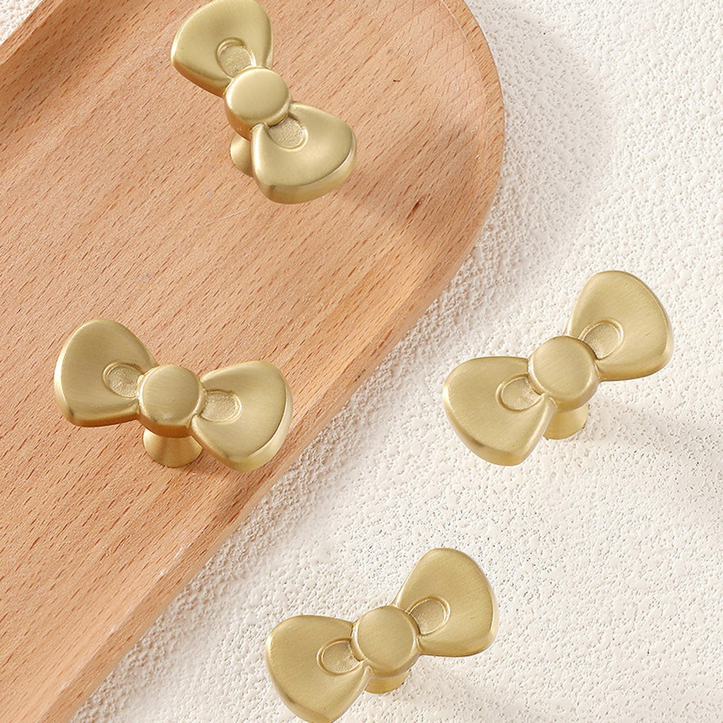 Gold Brass Small Bow Knobs Cute Dresser Drawer Handles Kitchen Cabinet Pulls Art Deco Single Hole Decorative Knobs Modern Furniture Hardware for Closet Cupboard