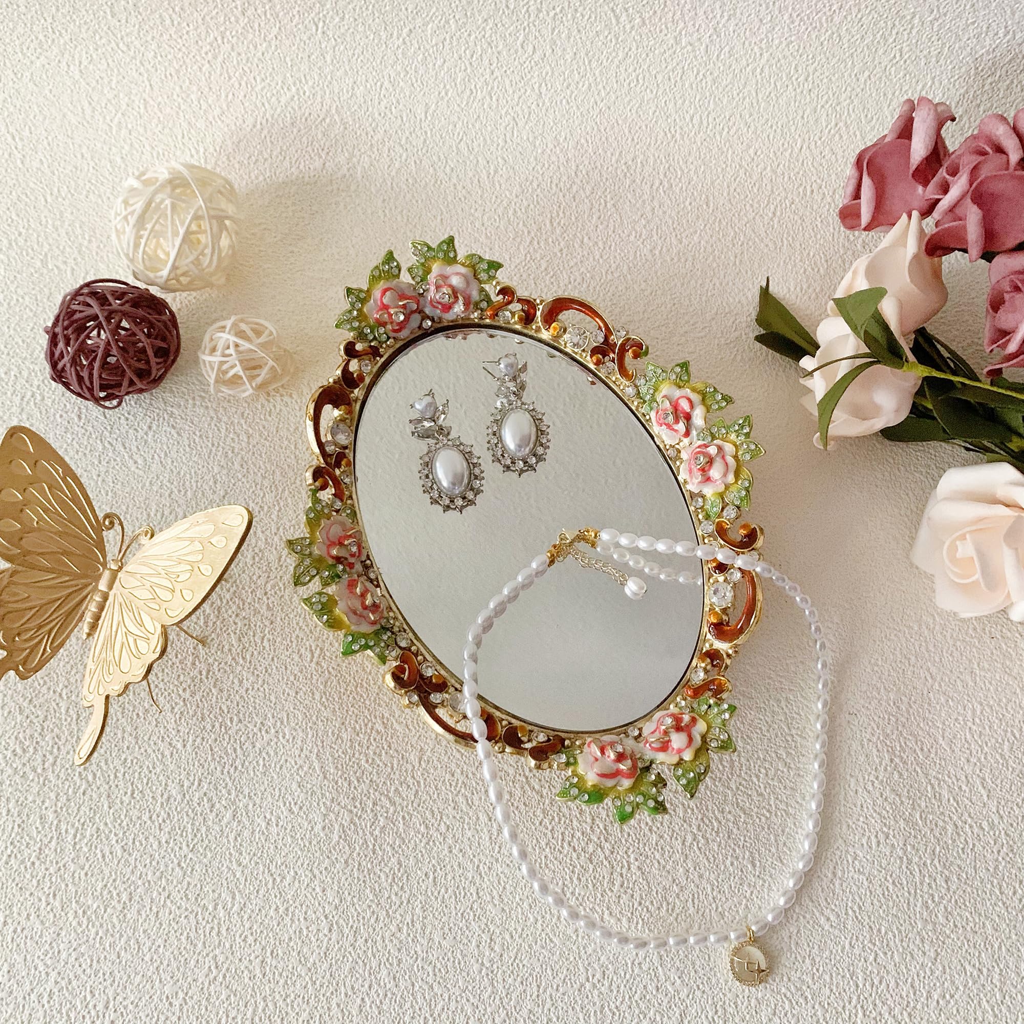 Hand-Painted Gold Floral Mirror Vanity Tray â€?Decorative Metal Jewelry and Makeup Organizer for Dresser or Countertop