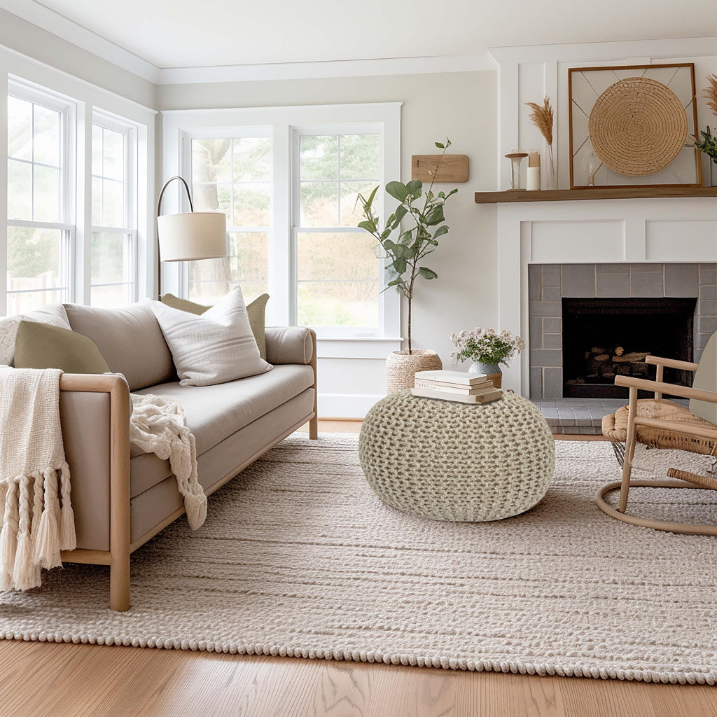 Hand-Knitted Cotton Round Pouf â€?Braid Cord Ottoman, Footrest, and Accent Seat for Living Room, Nursery, Kids Room, or Dorm Décor â€?20x14