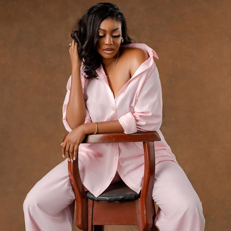 Long Sleeve Shirt Cardigan Wide Leg Pants Casual Loose Two-piece Suit