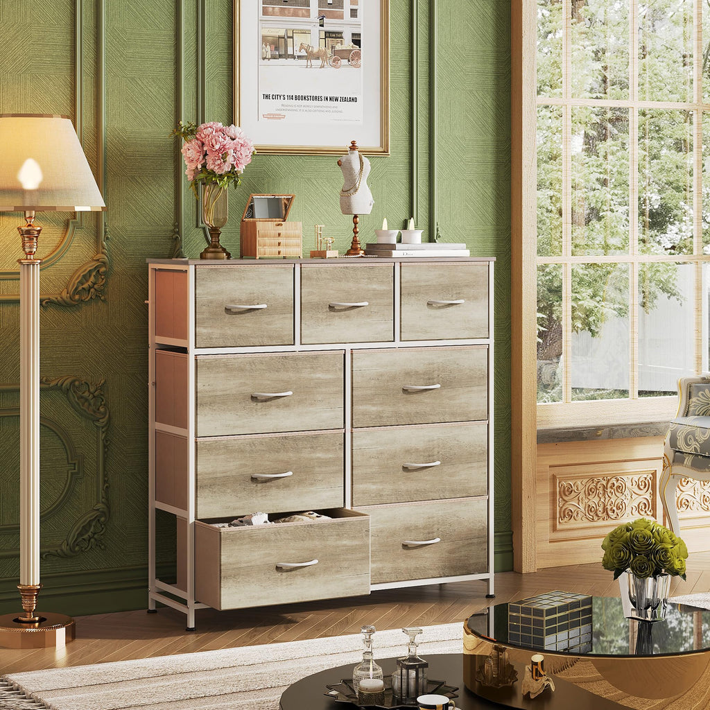 Drawer Fabric 9 Dresser â€?Tall Storage Tower with Bins, Steel Frame, and Wood Top
