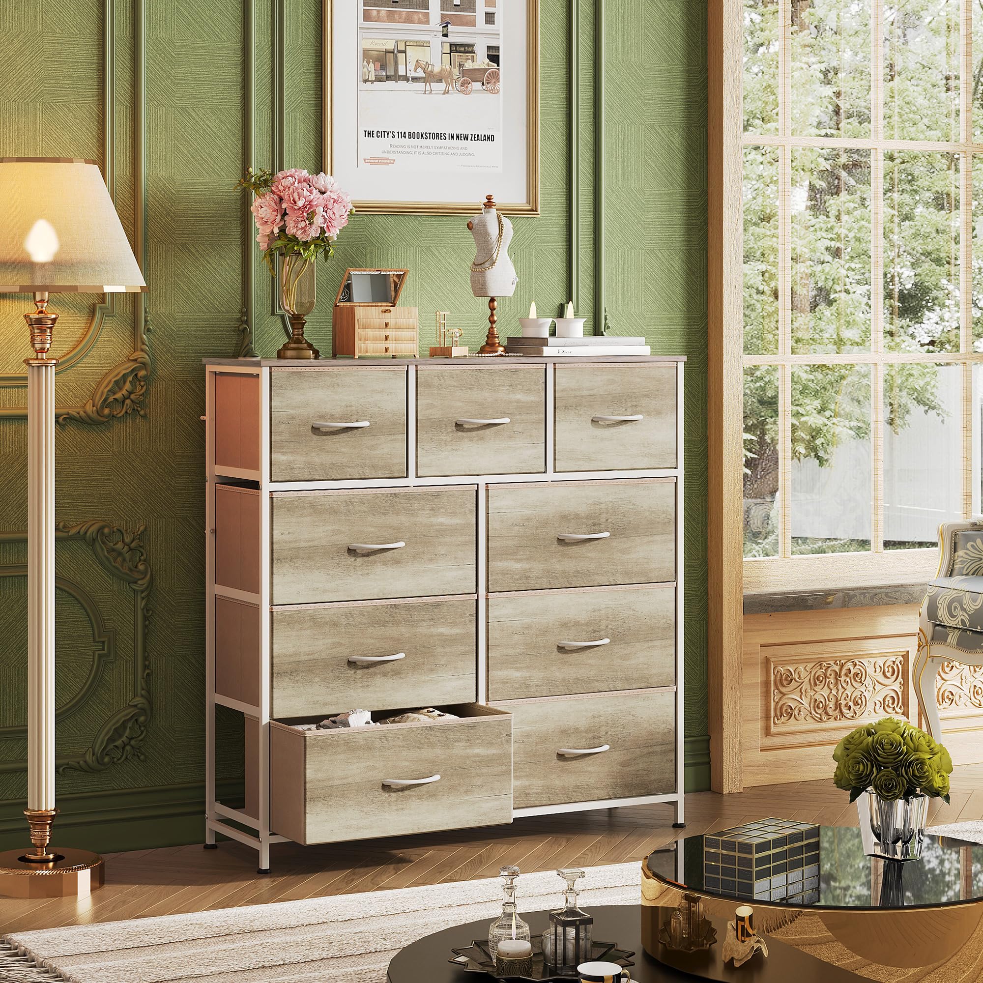 Drawer Fabric 9 Dresser â€?Tall Storage Tower with Bins, Steel Frame, and Wood Top