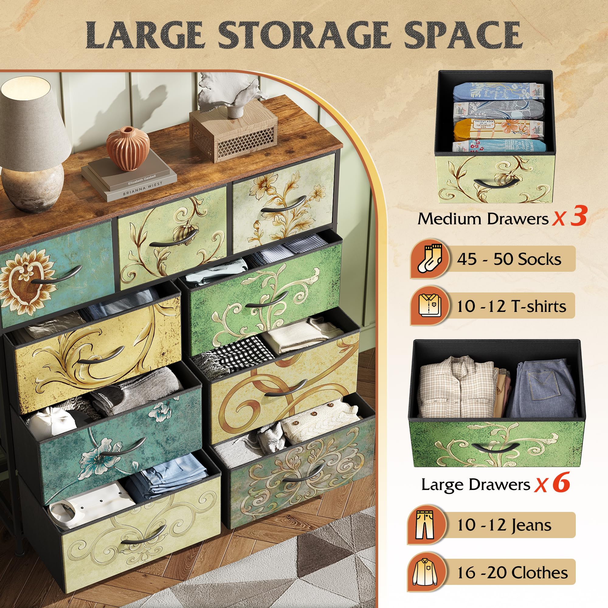 Drawer Fabric 9 Dresser â€?Tall Storage Tower with Bins, Steel Frame, and Wood Top