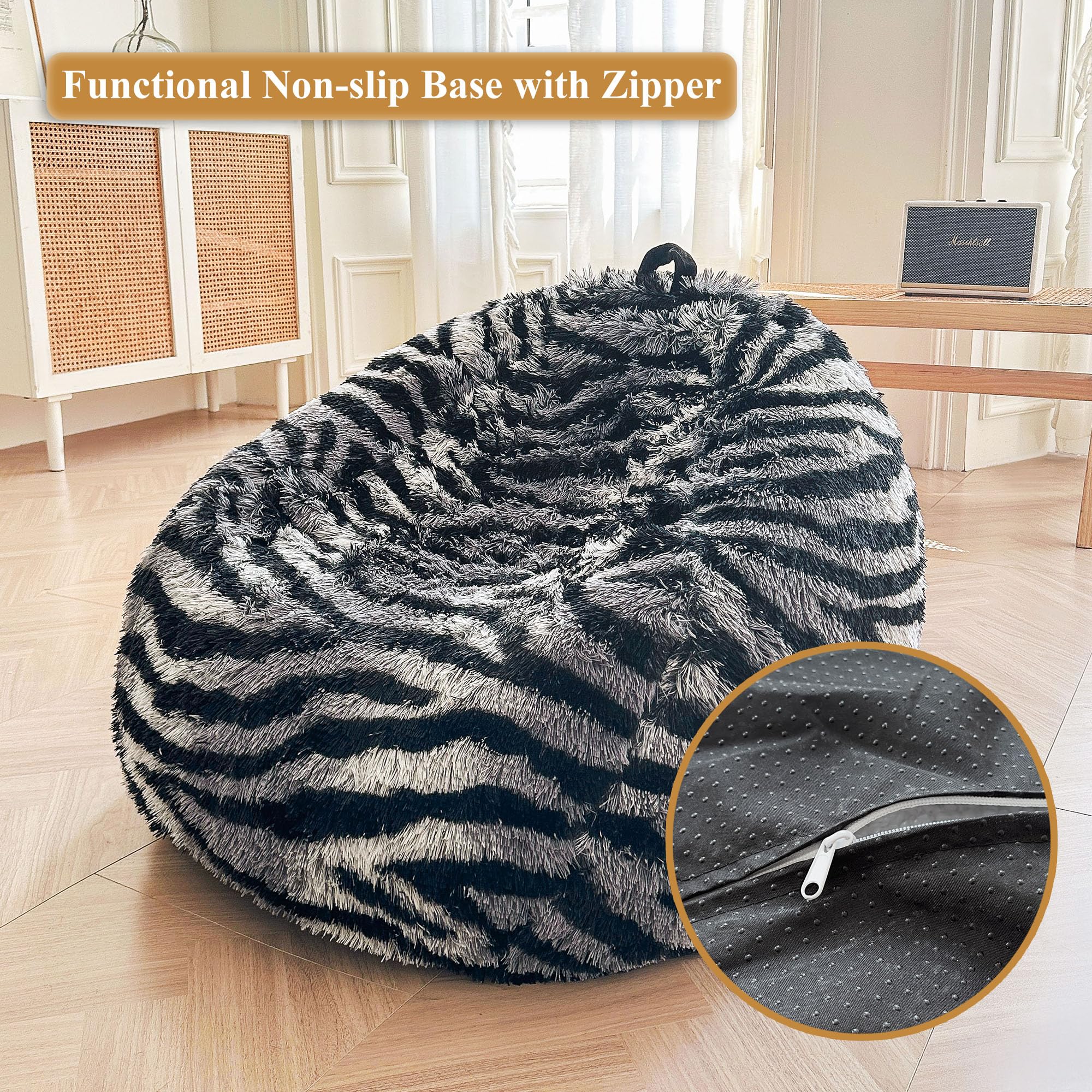 Faux Fur Leopard Print Bean Bag Chair Cover (No Filler), Fluffy Stuffed Animal Storage Cheetah Bean Bag Home Decor, Furry Fuzzy Big Beanbag Cover, Anti-Slip