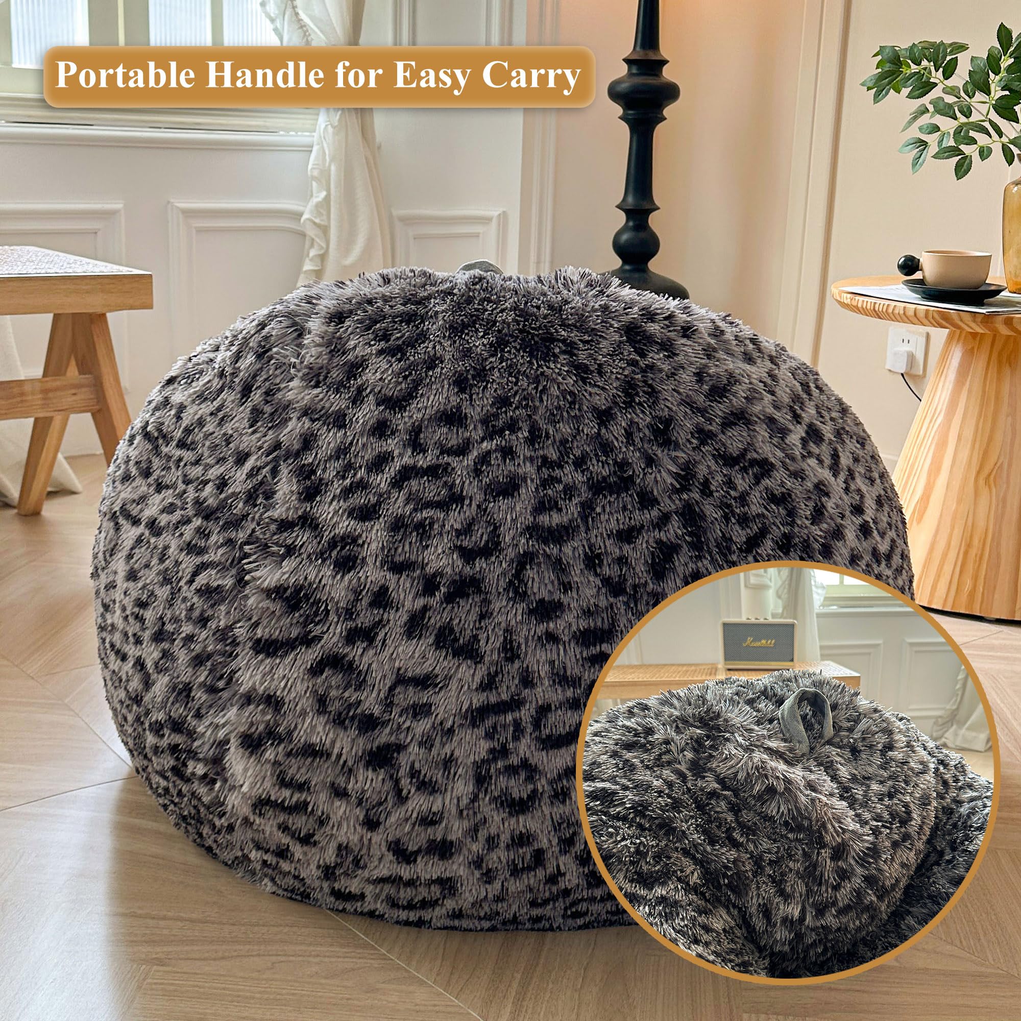 Faux Fur Leopard Print Bean Bag Chair Cover (No Filler), Fluffy Stuffed Animal Storage Cheetah Bean Bag Home Decor, Furry Fuzzy Big Beanbag Cover, Anti-Slip