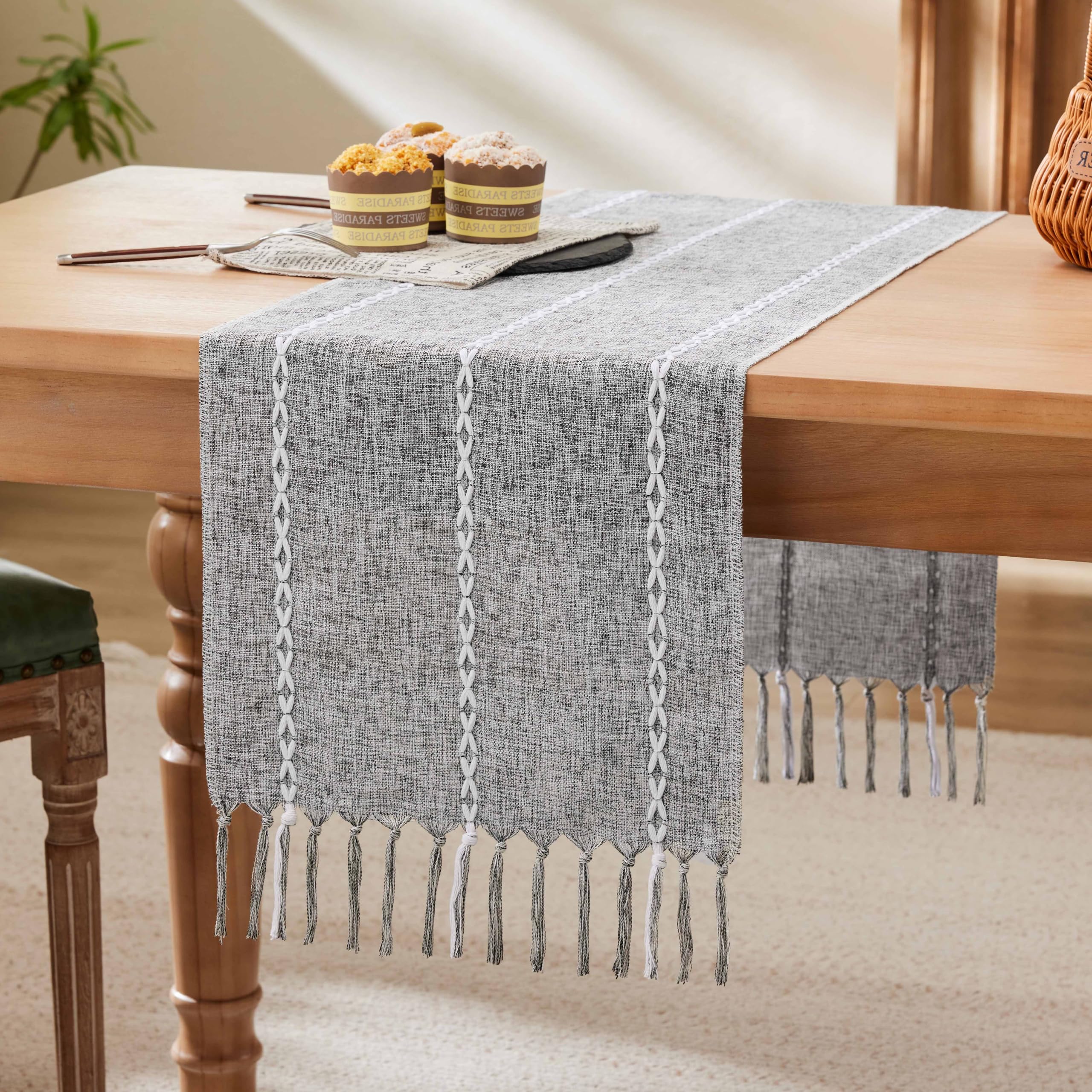 Cotton Linen Table Runners Long, Embroidered Striped Pink Boho Table Runner Rustic Home Decor