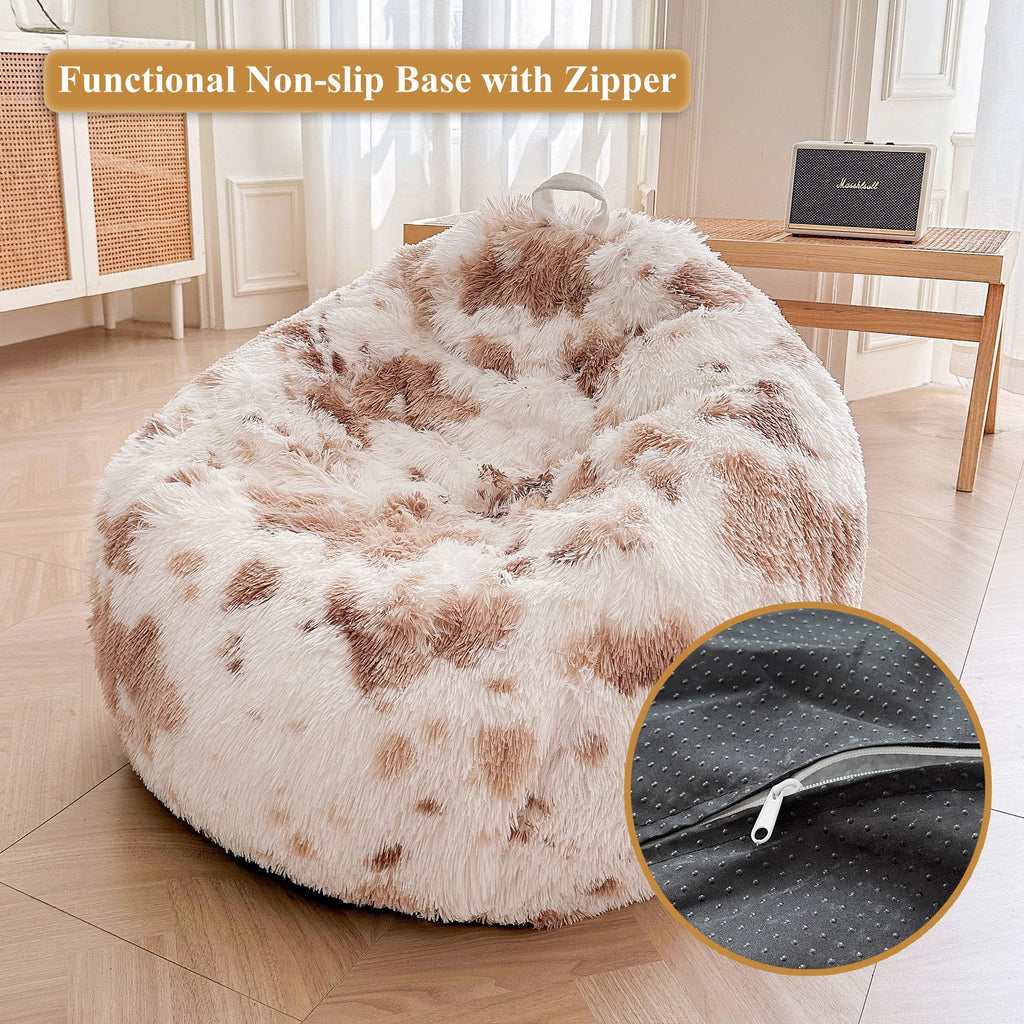 Faux Fur Leopard Print Bean Bag Chair Cover (No Filler), Fluffy Stuffed Animal Storage Cheetah Bean Bag Home Decor, Furry Fuzzy Big Beanbag Cover, Anti-Slip