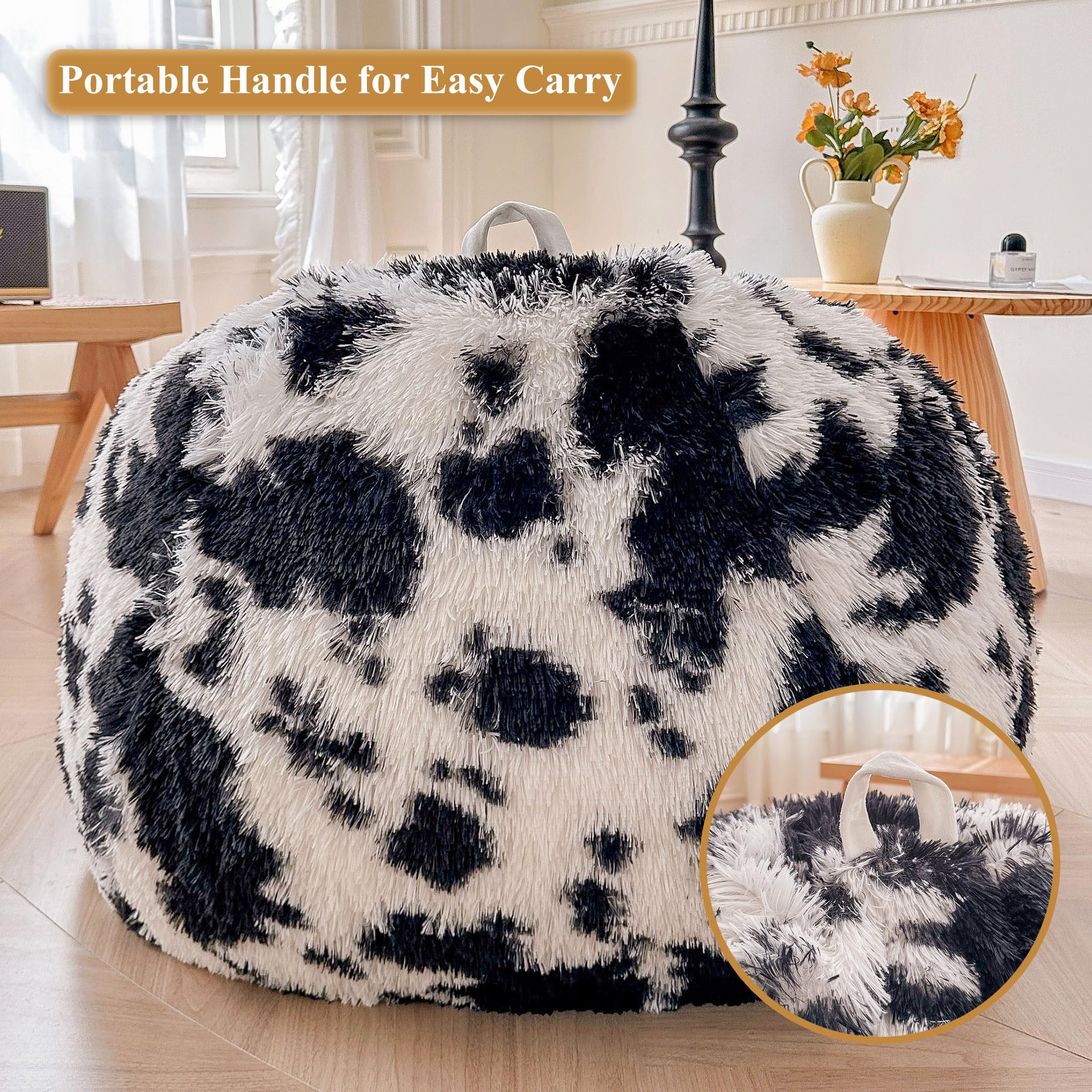 Faux Fur Leopard Print Bean Bag Chair Cover (No Filler), Fluffy Stuffed Animal Storage Cheetah Bean Bag Home Decor, Furry Fuzzy Big Beanbag Cover, Anti-Slip